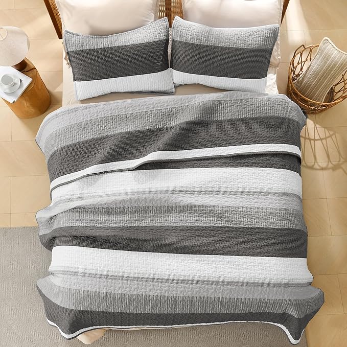 Litanika Oversized King Quilt Set Dark Grey, 128x120 Stripe Bedspread Coverlet - Image 3