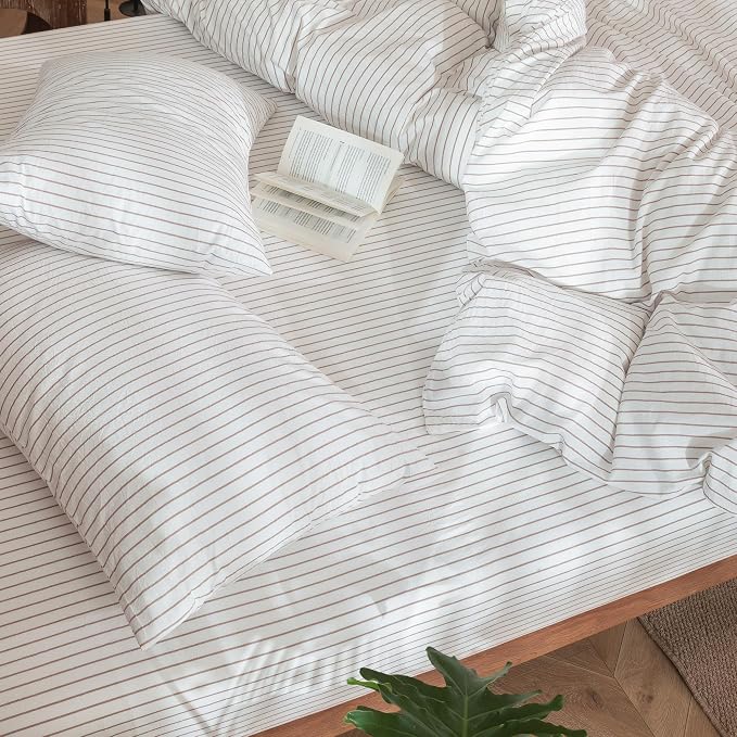 MooMee Striped Duvet Cover Set 100% Washed Cotton Linen Like Textured - Image 8