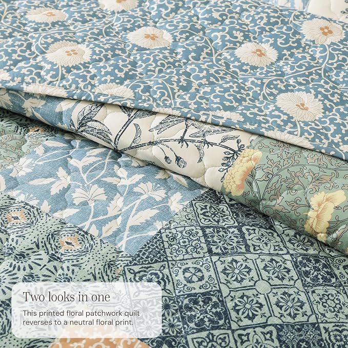 BLOOMHAVEN Quilt Set Twin Size, Patchwork Green Floral Quilt Sets, Reversible - Image 3