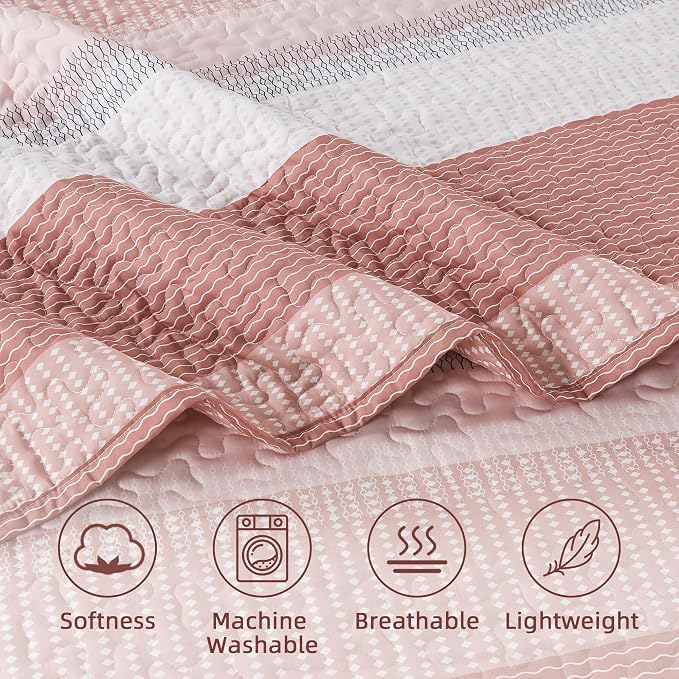Andency Queen Quilt Bedding Set Blush Pink, 3 Pieces Patchwork Summer Striped - Image 5