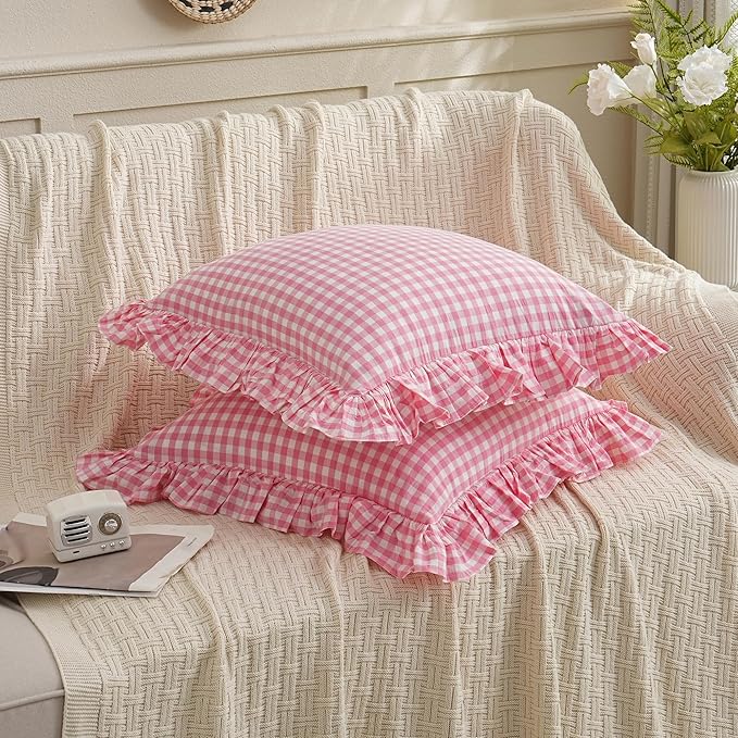 2 Pack Pink/White Plaid Ruffled Checkered Throw Pillow Cover 20 x20 inches - Image 4