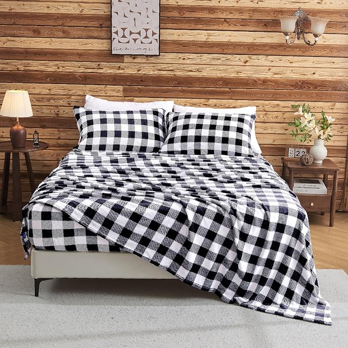BEDELITE Fleece Sheets Queen Size Bed Set, Luxury Red and Black Plaid Winter - Image 8