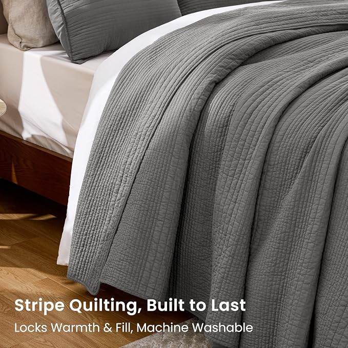Love's cabin King Size Cotton Quilt Set, 100% Cotton Fabric Striped Textured - Image 3