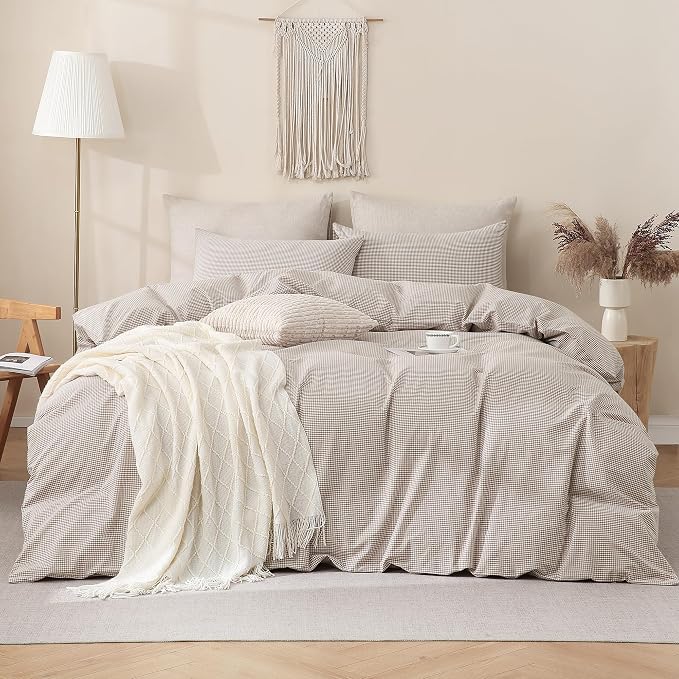 TOCOMOA Mini Gingham Tan Duvet Cover Bedding Set 100% Washed Cotton Like Linen - Image 3