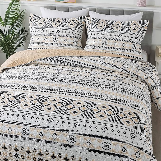 BEDIFANY Boho Quilt King Size Set, Lightweight Bedspread King Size Stripe Boho - Image 2