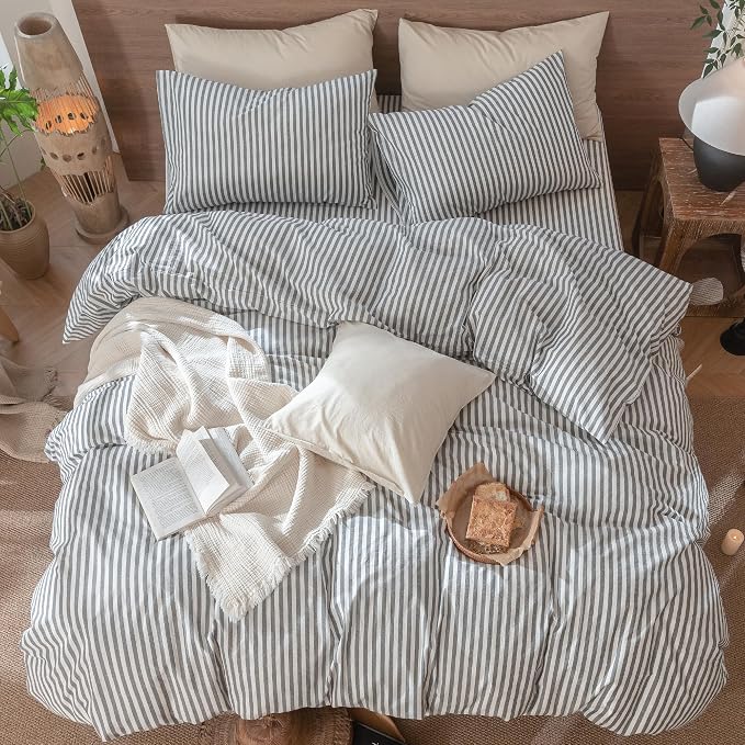 MooMee Striped Duvet Cover Set 100% Washed Cotton Linen Like Textured - Image 5