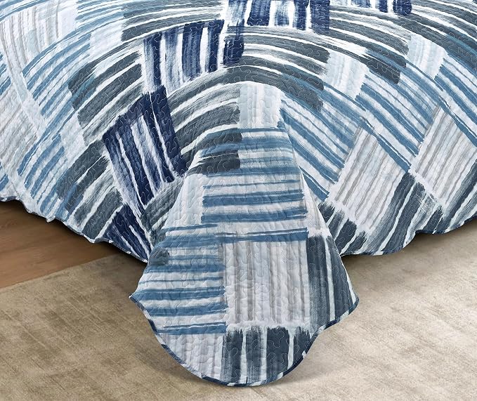 Brilliant Sunshine Blue and Grey Stripe Blocks Patchwork, 2-Piece Quilt Set - Image 4