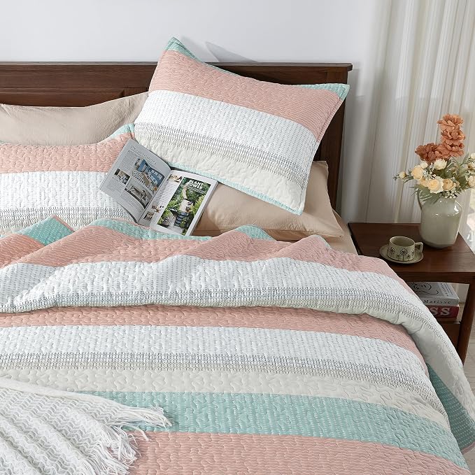 Andency King Size Quilt Set Pink Green, 3 Pieces Summer Ultra Soft Lightweight - Image 3