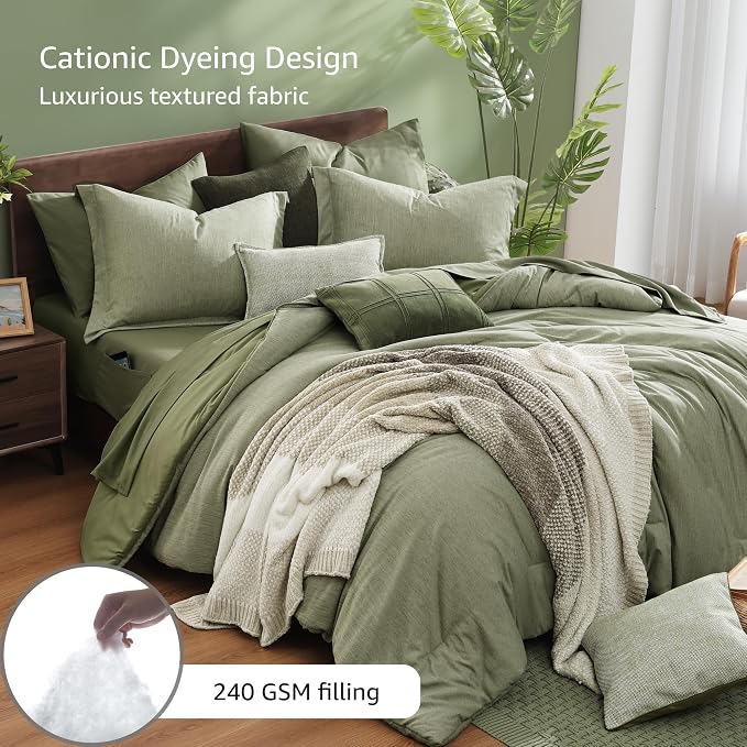 Monbix King Size Comforter Set, Sage Green King Size Bed Set Reversible 7 Pieces - Image 3