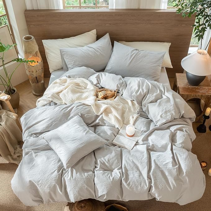 MooMee Wavy Striped Duvet Cover Set 100% Washed Cotton Linen Like Textured - Image 4