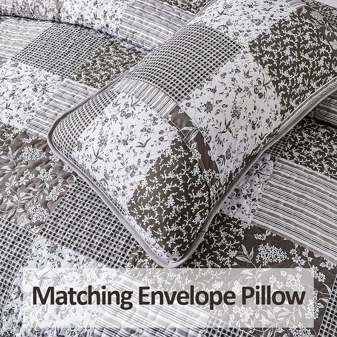 Mybedsoul Grey Boho Quilt Set King Size, 3 Pieces Plaid Floral Bedspread - Image 6
