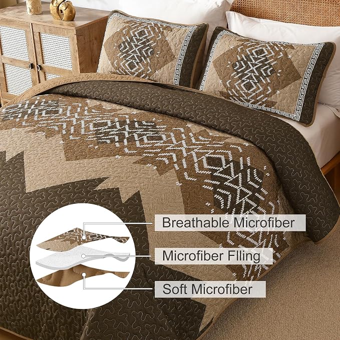 Dintszyayue Brown Quilt Set King Size Boho Aztec Texture Bedspread Coverlet Set - Image 7