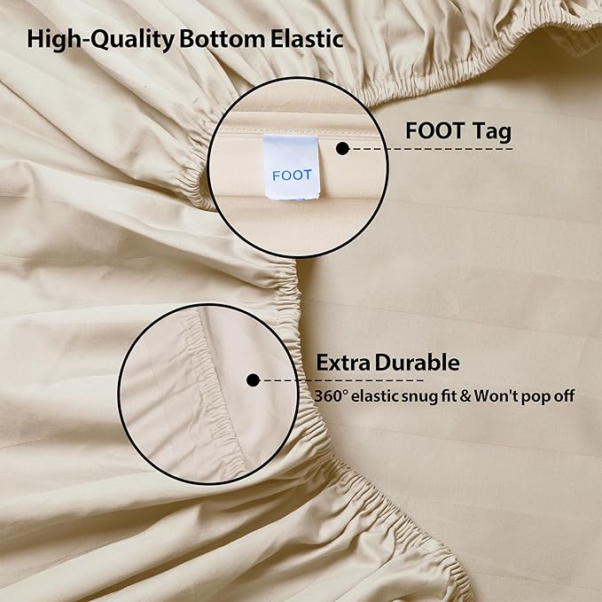 Full Size Striped Fitted Sheet Only Beige Color, 100% Egyptian Cotton 600 - Image 5