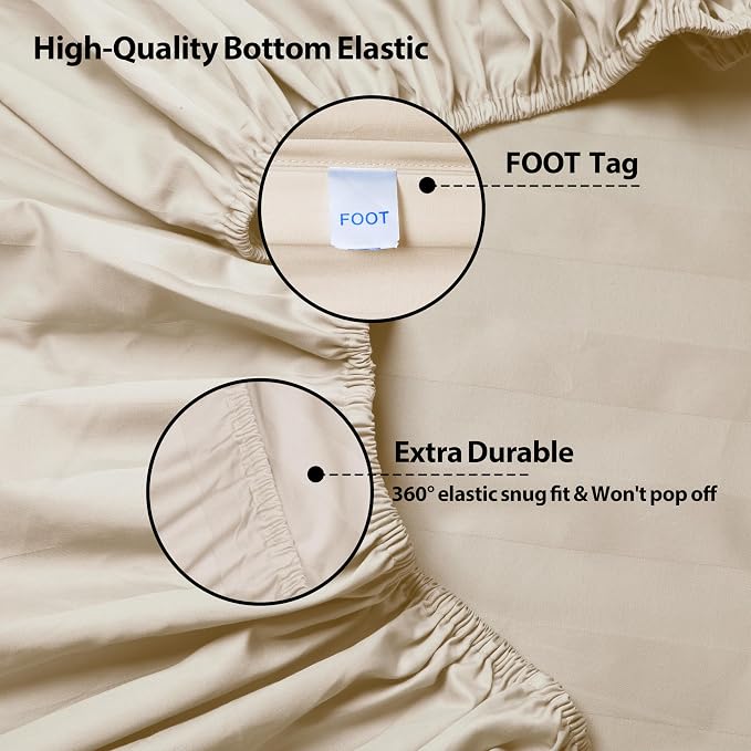 King Size Striped Fitted Sheet Only Beige Color, 100% Egyptian Cotton 600 - Image 4