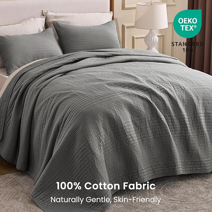 Love's cabin King Size Cotton Quilt Set, 100% Cotton Fabric Striped Textured - Image 2