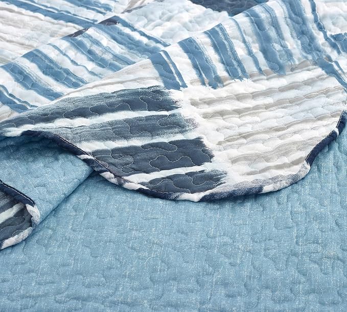 Brilliant Sunshine Blue and Grey Stripe Blocks Patchwork, 3-Piece Quilt Set - Image 5