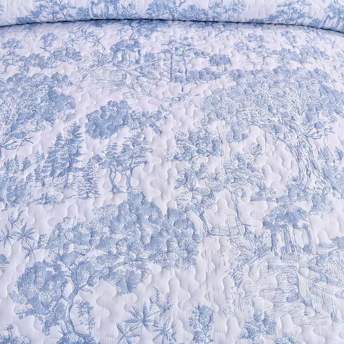 WONGS BEDDING Blue Quilt Set King Size, 3 Pieces Botanical Bedspreads Set - Image 6