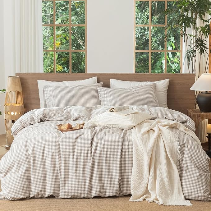 MooMee Gingham Duvet Cover Set 100% Washed Cotton Linen Like Textured by MOOMEE