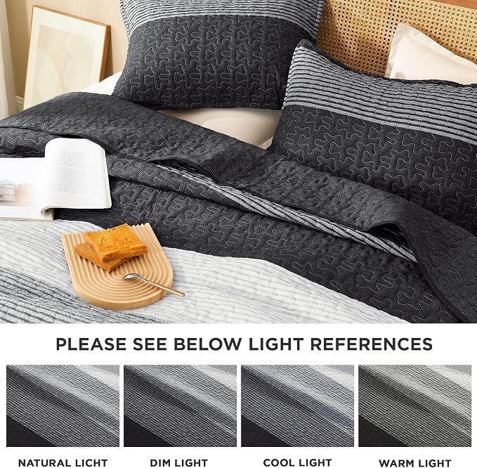 Litanika Oversized King Quilt Set Black and White, 120x120 Stripe Bedspread - Image 6