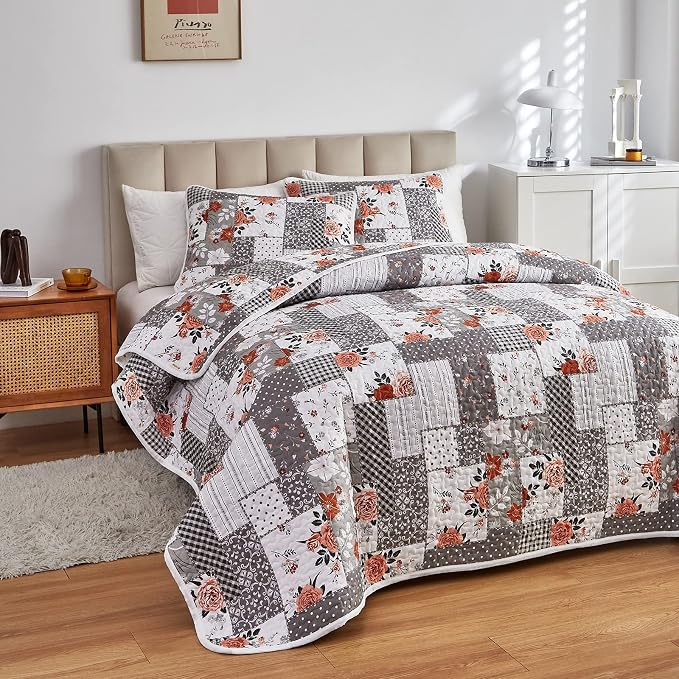 Patchwork Quilt Set King Size, 3 Pieces Grey White Floral Plaid Summer - Image 2