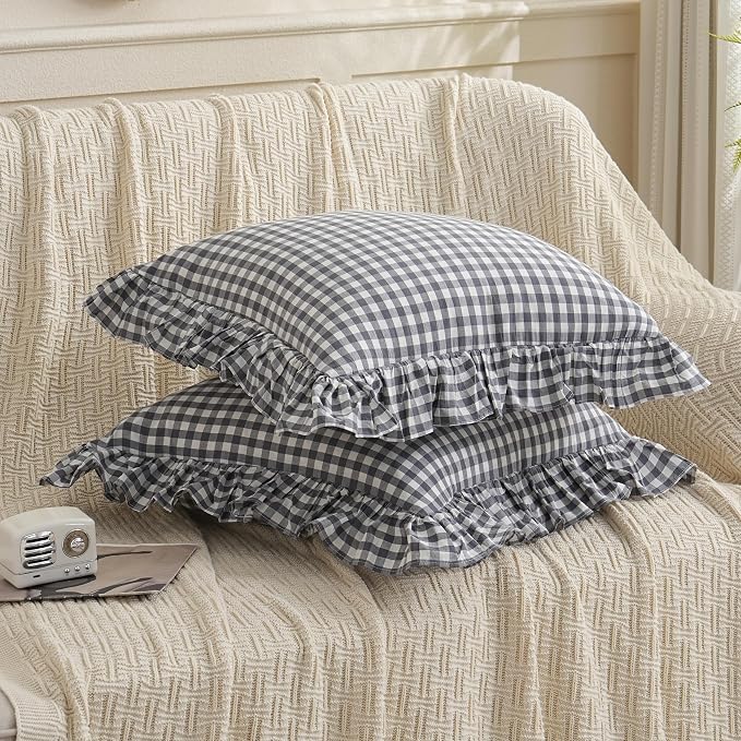 2 Pack Grey/White Plaid Ruffled Throw Pillow Sham 20 x20 inches, Washed Cotton - Image 4