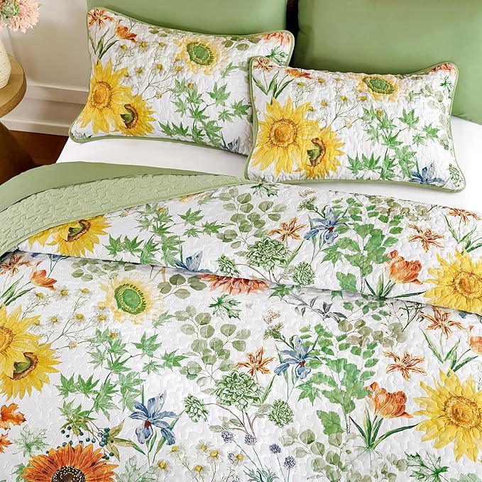 Yiran Floral King Quilt Bedding Set, Sage Green Sunflower Colorful Bedspreads - Image 3