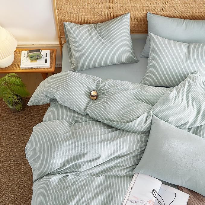 Wake In Cloud - Striped Cotton Duvet Cover Set, 100% Washed Cotton Textured - Image 4