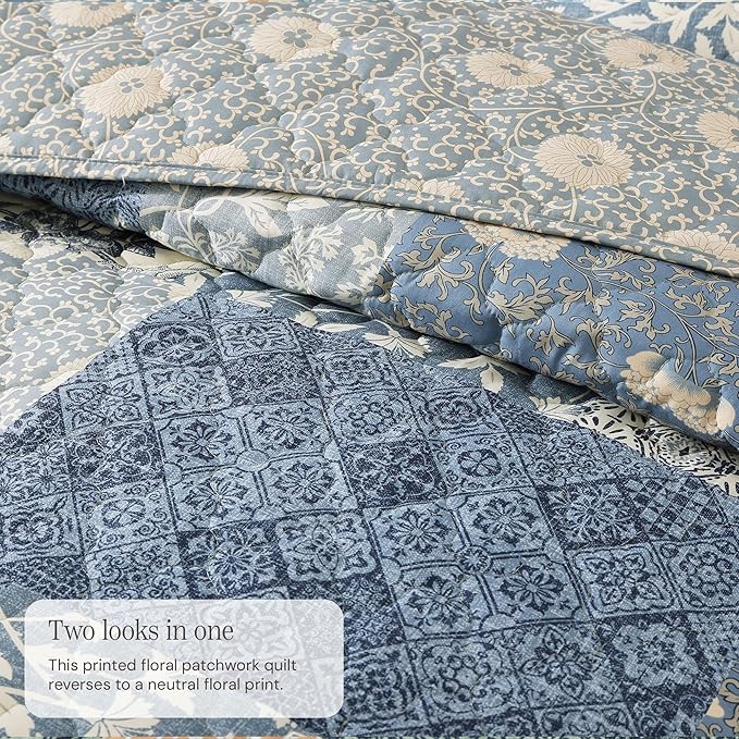 BLOOMHAVEN Quilt Set Twin Size, Patchwork Blue Floral Quilt Sets, Reversible - Image 3