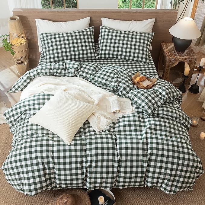 MooMee Gingham Duvet Cover Set 100% Washed Cotton Linen Like Textured - Image 5