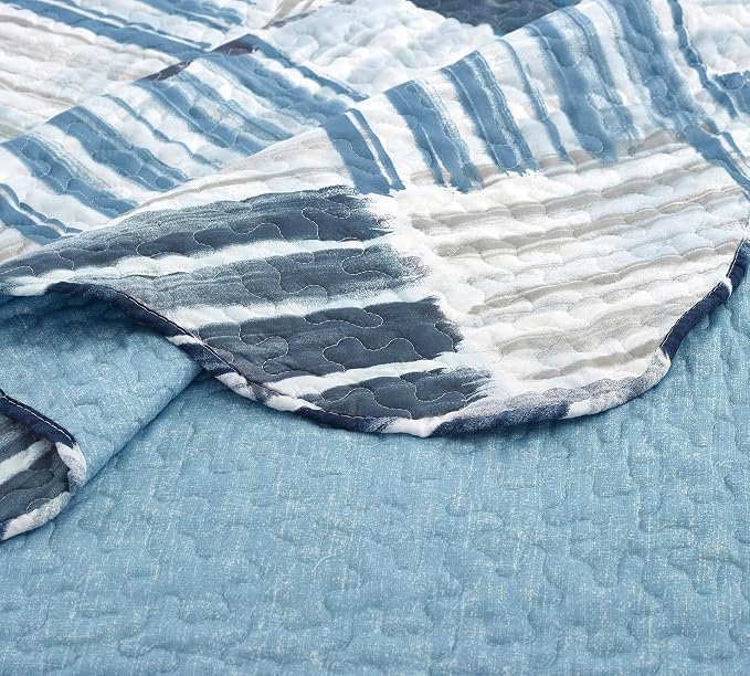 Brilliant Sunshine Blue and Grey Stripe Blocks Patchwork, 2-Piece Quilt Set - Image 5