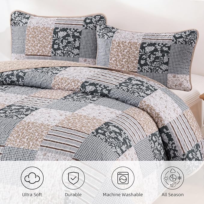 Mybedsoul Patchwork Quilt Set Queen Size, 3 Pieces Blue Brown Floral Plaid - Image 8
