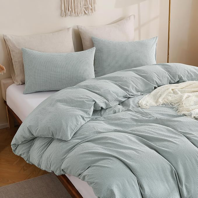 TOCOMOA Mini Gingham Green Duvet Cover Bedding Set 100% Washed Cotton Like - Image 4