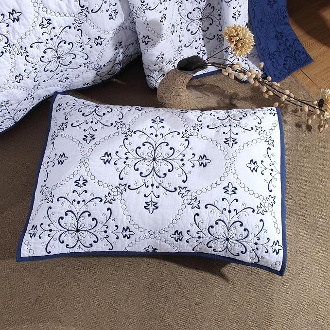 ROOMLIFE Quilt Set Full Size 3D Floral Embroidery Pattern 3-Piece Cotton - Image 3