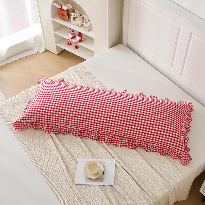 20x54 inches Red/White Gingham Body Pillow Sham 1 Piece, 100% Cotton Ruffled - Image 3