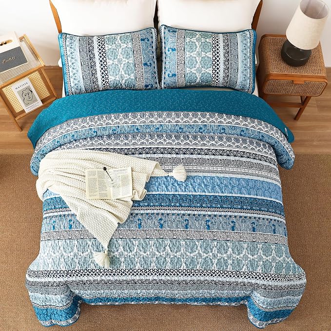 WONGS BEDDING Boho Quilt Set King Size, Teal Blue Bohemian 3 Pieces Quilt Sets - Image 3