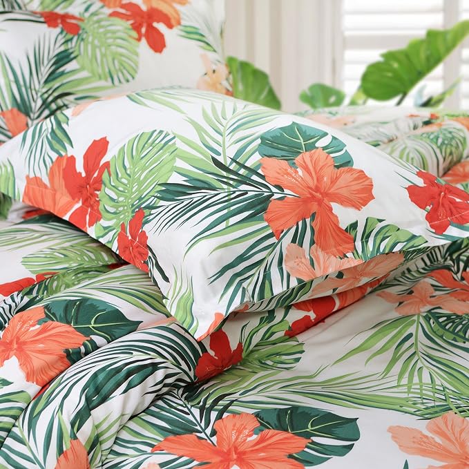 FADFAY Green Duvet Cover 100% Cotton Tropical Bedding Red Hibiscus Flower & - Image 9