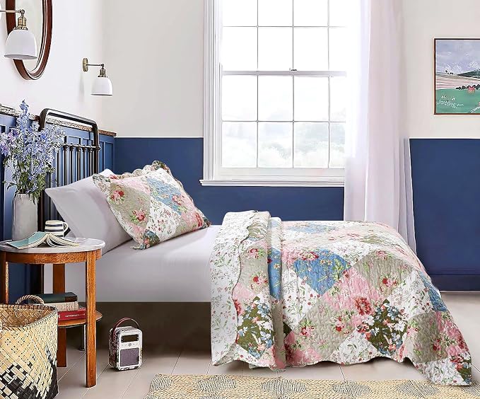 Brilliant Sunshine Peach and Olive Flowers Patchwork, 2-Piece Quilt Set - Image 7