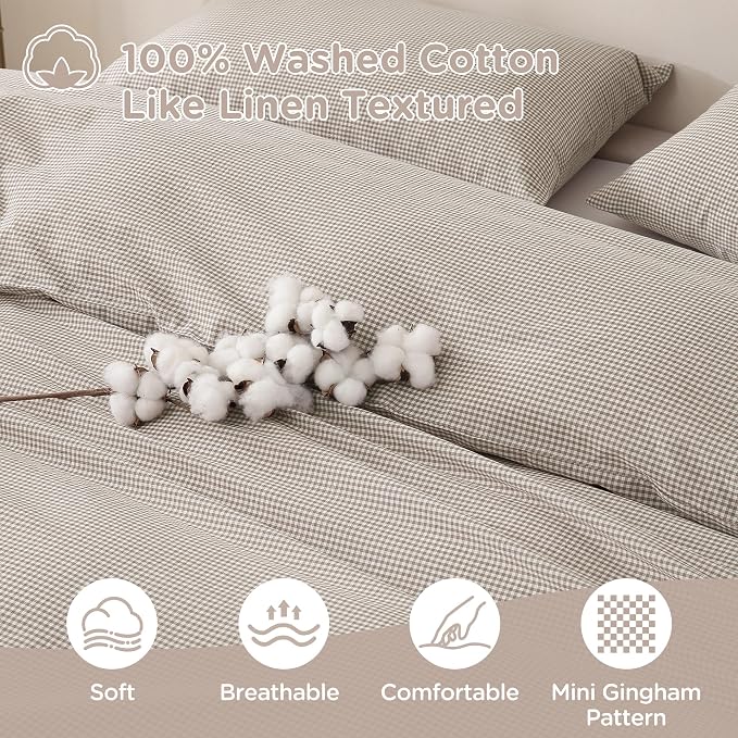 TOCOMOA Mini Gingham Tan Duvet Cover Bedding Set 100% Washed Cotton Like Linen - Image 5