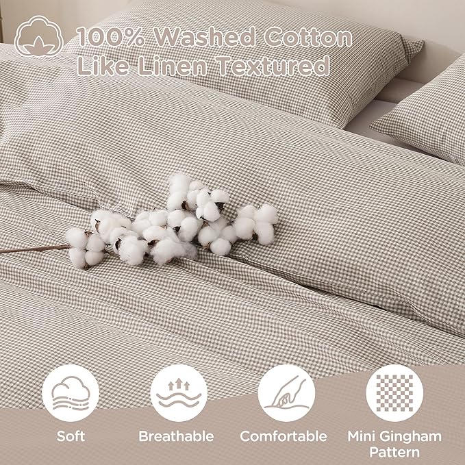 TOCOMOA Mini Gingham Tan Duvet Cover Bedding Set 100% Washed Cotton Like Linen - Image 5