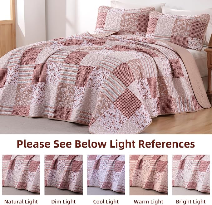 Mybedsoul Patchwork Quilt Set King Size, 3 Pieces Pink Floral Plaid Bedspread - Image 7