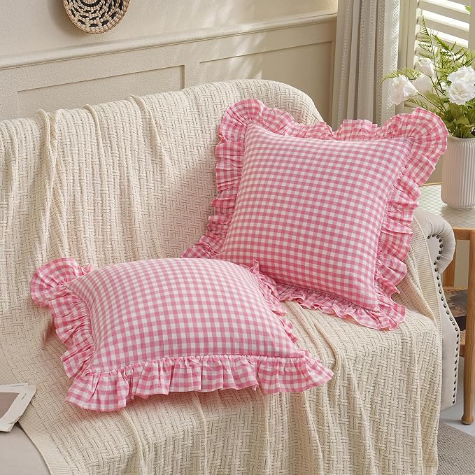 2 Pack Pink/White Plaid Ruffled Checkered Throw Pillow Cover 20 x20 inches - Image 2