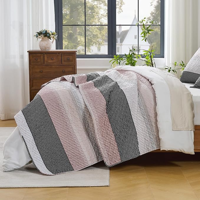 Andency Queen Quilt Bedding Set Grey Pink, 3 Pieces Patchwork Summer Striped - Image 2