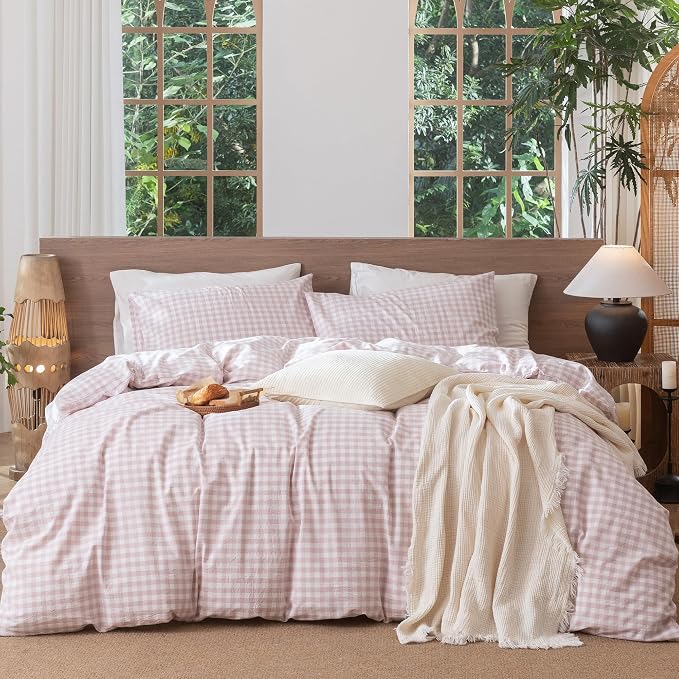 MooMee Gingham Duvet Cover Set 100% Washed Cotton Linen Like Textured by MOOMEE