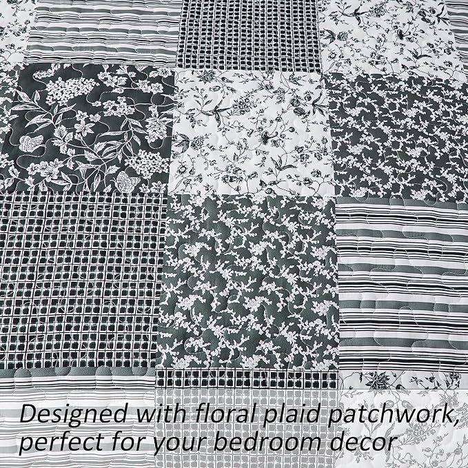 Mybedsoul Black Grey Boho Quilt Set California King Size, 3 Pieces Plaid Floral - Image 6