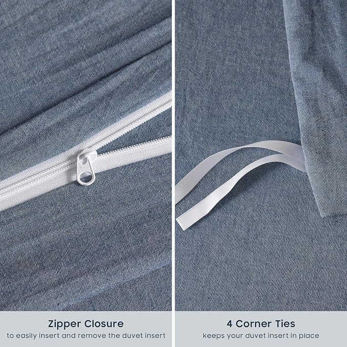 Wake In Cloud - Cotton Duvet Cover Set, Full Size, Chambray Denim Blue - Image 7