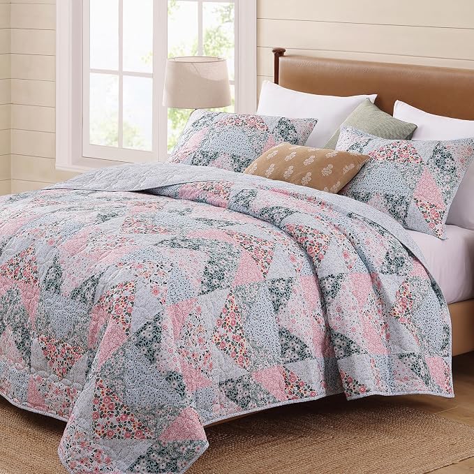 BLOOMHAVEN Quilt Set Twin Size, Patchwork Pink Floral Quilt Sets, Reversible - Image 7