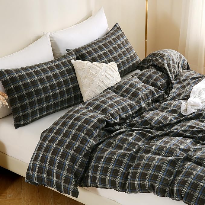 TOCOMOA Buffalo Plaid Duvet Cover Set 100% Washed Cotton Like Linen Feel Super - Image 4