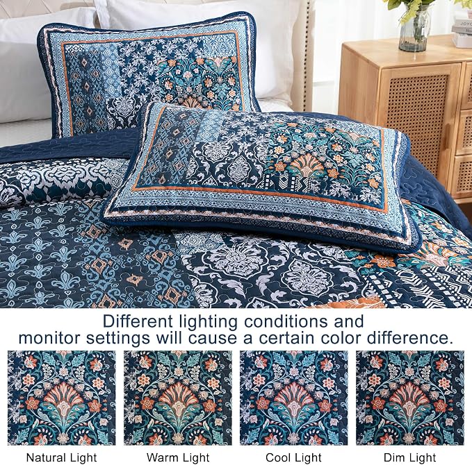 WONGS BEDDING Navy Blue Quilt Set Queen Size, Bohemian Patchwork Bedspread - Image 5