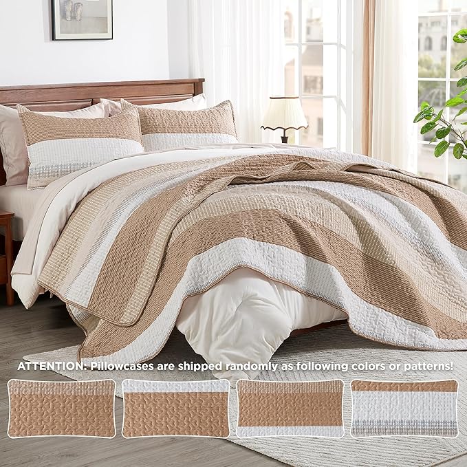 Andency Taupe Striped Quilt Queen, 3 Pieces Patchwork Bedspread Coverlet Set - Image 4