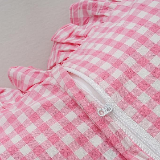 Pink/White Gingham Body Pillow Sham 20x54 inches, 100% Washed Cotton Ruffled - Image 6